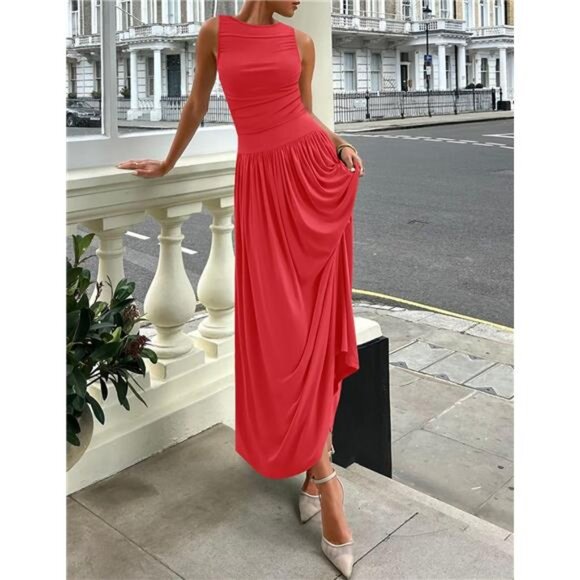 Women's Summer Sleeveless Maxi Dress 2025 Casual Crewneck Pleated Flowy - Picture 5 of 6